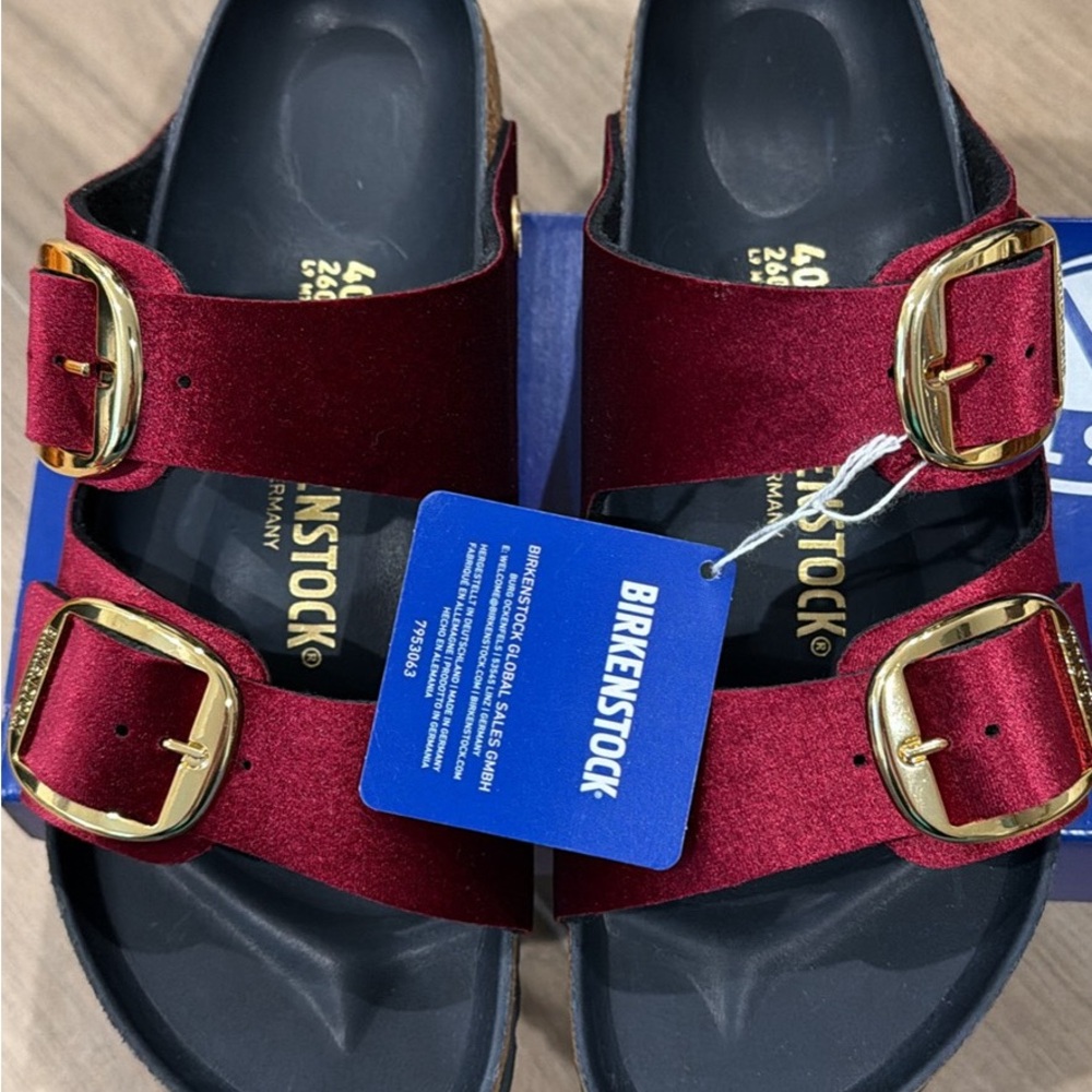 Birkenstock Women's Red Sandals with Gold Buckles